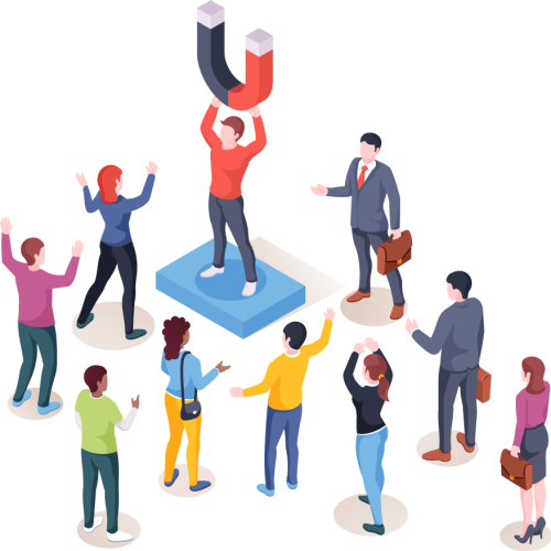 Magnetic Leader with group of puzzled people